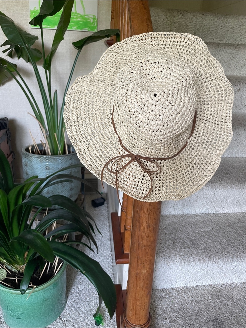 Wide Brim Straw Sun Hat with Brown Tie